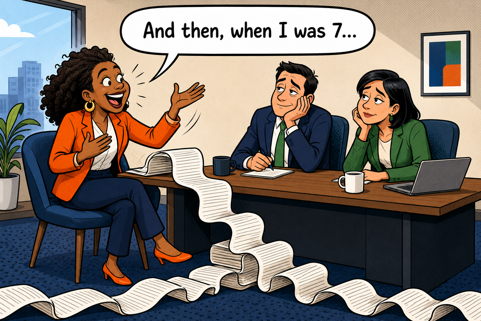 Cartoon of a candidate telling an extremely long life story during an interview