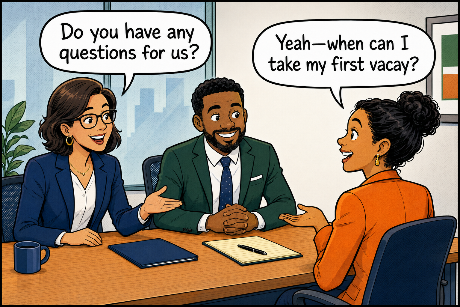 Cartoon of a candidate asking when they can take their first vacation