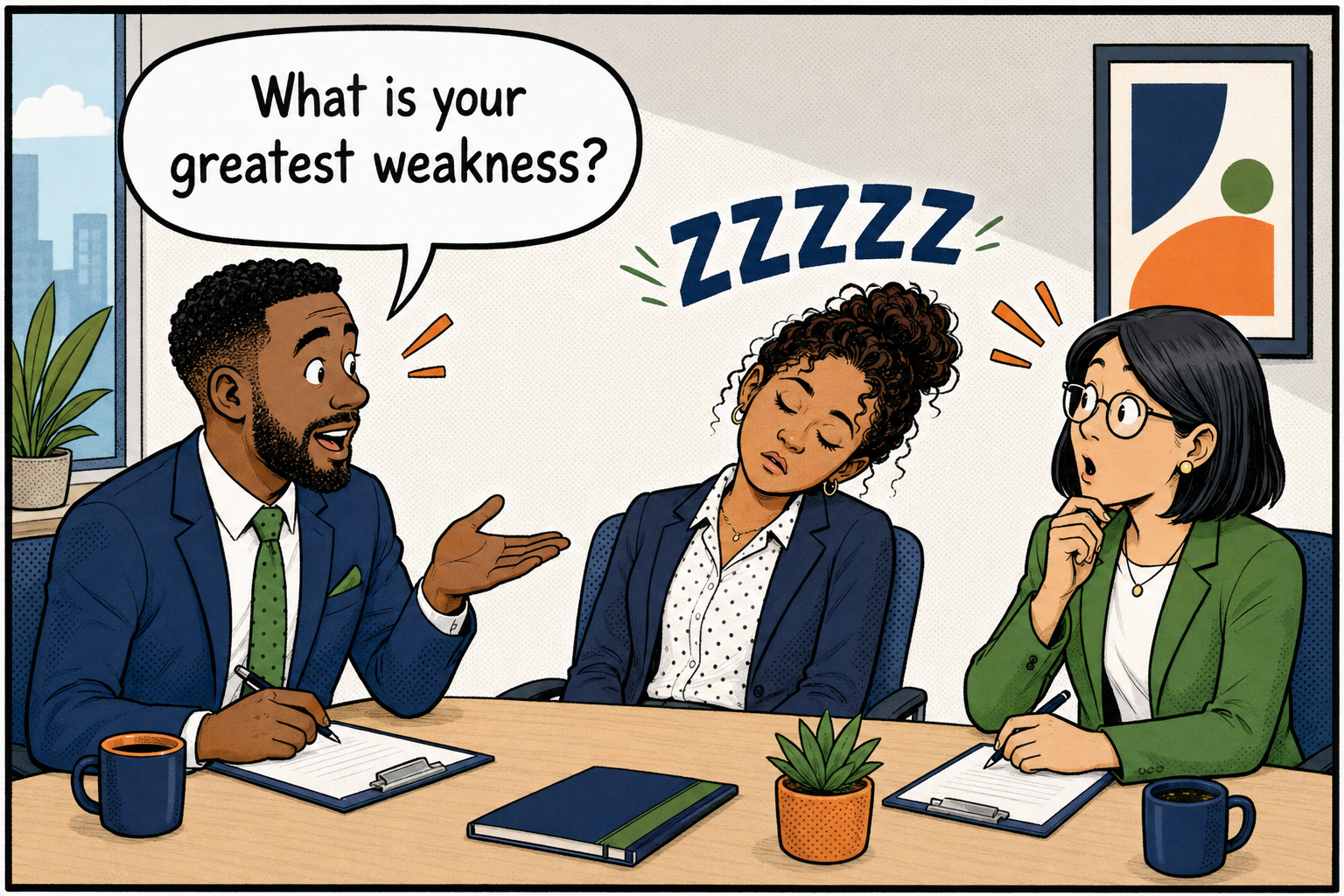 Cartoon of a candidate sleeping when asked about their greatest weakness